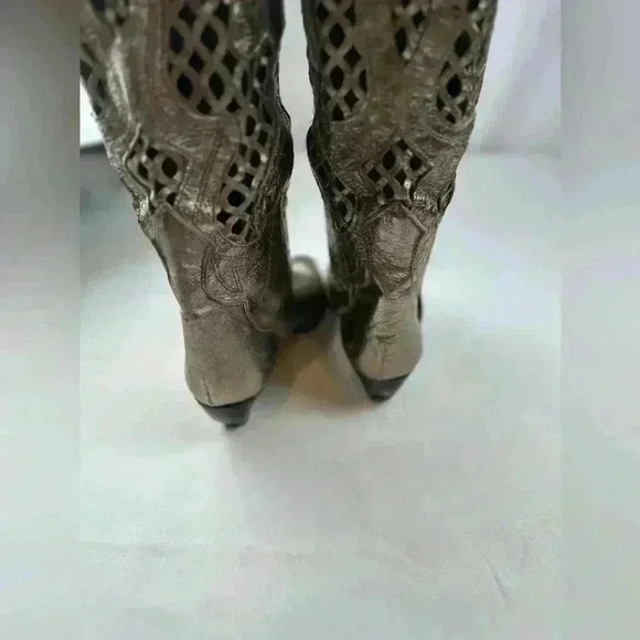 Vintage Lenni Lattice Cowboy Western Boots Metallic Gold Leather Italy - Picture 5 of 10